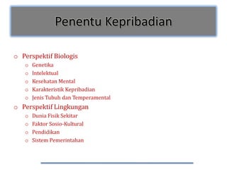 Penentu Kepribadian

o Perspektif Biologis
   o   Genetika
   o   Intelektual
   o   Kesehatan Mental
   o   Karakteristik Kepribadian
   o   Jenis Tubuh dan Temperamental
o Perspektif Lingkungan
   o   Dunia Fisik Sekitar
   o   Faktor Sosio-Kultural
   o   Pendidikan
   o   Sistem Pemerintahan
 