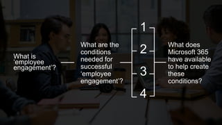 What is
‘employee
engagement’?
What are the
conditions
needed for
successful
‘employee
engagement’?
1
2
3
4
What does
Microsoft 365
have available
to help create
these
conditions?
 