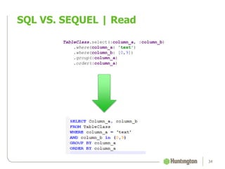 SQL VS. SEQUEL | Read
34
TableClass.select(:column_a, :column_b)
.where(column_a: 'text')
.where(column_b: [0,9])
.group(:column_a)
.order(:column_a)
 