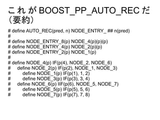 こ れ が BOOST_PP_AUTO_REC だ
（要約）
# define AUTO_REC(pred, n) NODE_ENTRY_ ## n(pred)
#
# define NODE_ENTRY_8(p) NODE_4(p)(p)(p)
# define NODE_ENTRY_4(p) NODE_2(p)(p)
# define NODE_ENTRY_2(p) NODE_1(p)
#
# define NODE_4(p) IF(p(4), NODE_2, NODE_6)
# define NODE_2(p) IF(p(2), NODE_1, NODE_3)
# define NODE_1(p) IF(p(1), 1, 2)
# define NODE_3(p) IF(p(3), 3, 4)
# define NODE_6(p) IIF(p(6), NODE_5, NODE_7)
# define NODE_5(p) IF(p(5), 5, 6)
# define NODE_7(p) IF(p(7), 7, 8)
 