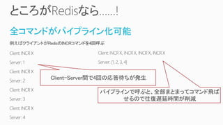 全コマンドがパイプライン化可能
Client-Server間で4回の応答待ちが発生
パイプラインで呼ぶと、全部まとまってコマンド飛ば
せるので往復遅延時間が削減
 