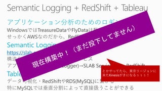 アプリケーション分析のためのロギング
Semantic Logging Application Block
https://slab.codeplex.com/
Tableau
とかやってたら、東京リージョンに
来たKinesisがきになるぅぅぅ！
 