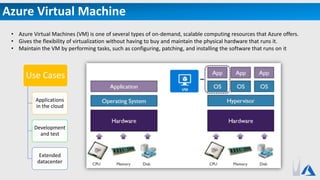 Azure Virtual Machine
• Azure Virtual Machines (VM) is one of several types of on-demand, scalable computing resources that Azure offers.
• Gives the flexibility of virtualization without having to buy and maintain the physical hardware that runs it.
• Maintain the VM by performing tasks, such as configuring, patching, and installing the software that runs on it
Use Cases
Applications
in the cloud
Development
and test
Extended
datacenter
 