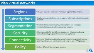 Plan virtual networks
• All Azure resources are created in an Azure region and subscription.Regions
• Deploy as many virtual networks as required within each subscription, up to
the limit.Subscriptions
• Create multiple virtual networks per subscription and per region.
• Create multiple subnets within each virtual network.Segmentation
• Filter network traffic to and from resources in a virtual network using
network security groups and network virtual appliances.Security
• Connect a virtual network to other virtual networks using virtual network
peering, or to your on-premises network, using an Azure VPN gateway.Connectivity
• Enforce different rules over your resourcesPolicy
 