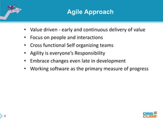 2
Agile Approach
• Value driven - early and continuous delivery of value
• Focus on people and interactions
• Cross functional Self organizing teams
• Agility is everyone’s Responsibility
• Embrace changes even late in development
• Working software as the primary measure of progress
 