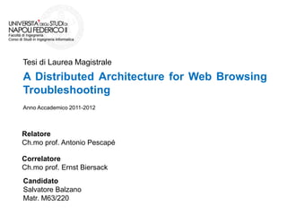 A Distributed Architecture for Web Browsing
Troubleshooting
Relatore
Ch.mo prof. Antonio Pescapé
Tesi di Laurea Magistrale
Anno Accademico 2011-2012
Candidato
Salvatore Balzano
Matr. M63/220
Correlatore
Ch.mo prof. Ernst Biersack
 