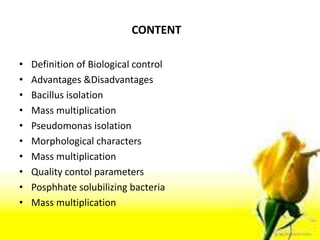 CONTENT
• Definition of Biological control
• Advantages &Disadvantages
• Bacillus isolation
• Mass multiplication
• Pseudomonas isolation
• Morphological characters
• Mass multiplication
• Quality contol parameters
• Posphhate solubilizing bacteria
• Mass multiplication
 