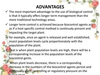 ADVANTAGES
 The most important advantage to the use of biological control
is that it typically offers longer term management than the
more traditional technology areas.
 Longer term control is achieved because biocontrol agents act
as if a host specific control method is continualy present and
impacting the target plant.
 for example, once an agent is released and well established,
insect population levels cycle proportionately with the
population of the plant.
 That is when plant population levels are high, there will be a
corresponding increase in the population levels of the
biocontrol gents.
 When plant levels decrease, there is a corresponding
decrease in the numbers of the biocontrol agents persist and
continually exert controlling or regulatory pressure on the
 