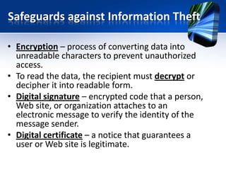 Safeguards against Information Theft
• Encryption – process of converting data into
unreadable characters to prevent unauthorized
access.
• To read the data, the recipient must decrypt or
decipher it into readable form.
• Digital signature – encrypted code that a person,
Web site, or organization attaches to an
electronic message to verify the identity of the
message sender.
• Digital certificate – a notice that guarantees a
user or Web site is legitimate.

 