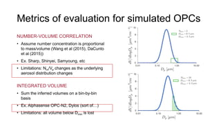 Metrics of evaluation for simulated OPCs
NUMBER-VOLUME CORRELATION
• Assume number concentration is proportional
to mass/volume (Wang et al (2015), DaCunto
et al (2015))
• Ex. Sharp, Shinyei, Samyoung, etc
• Limitations: Nm/Va changes as the underlying
aerosol distribution changes
INTEGRATED VOLUME
• Sum the inferred volumes on a bin-by-bin
basis
• Ex. Alphasense OPC-N2, Dylos (sort of…)
• Limitations: all volume below Dmin is lost
 