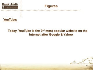 Figures


YouTube:


  Today, YouTube is the 3rd most popular website on the
               Internet after Google & Yahoo




                                                     14
 