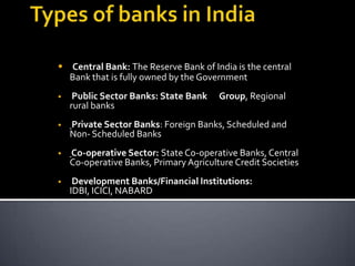 Types of banks in IndiaCentral Bank: The Reserve Bank of India is the central Bank that is fully owned by the Government 