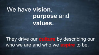 We have vision,
They drive our culture by describing our
who we are and who we aspire to be.
purpose and
values.
 