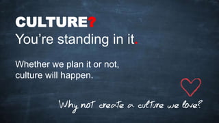 CULTURE?
You’re standing in it.
Whether we plan it or not,
culture will happen.
 