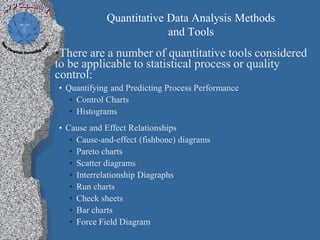 Quantitative Data Analysis Methods
                         and Tools
•There are a number of quantitative tools considered
to be applicable to statistical process or quality
control:
• Quantifying and Predicting Process Performance
   • Control Charts
   • Histograms
• Cause and Effect Relationships
   • Cause-and-effect (fishbone) diagrams
   • Pareto charts
   • Scatter diagrams
   • Interrelationship Diagraphs
   • Run charts
   • Check sheets
   • Bar charts
   • Force Field Diagram
 