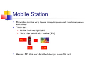 Mobile Station
 Merupakan terminal yang dipakai oleh pelanggan untuk melakukan proses
komunikasi
 Terdiri dari :
 Mobile Equipment (ME)/HP
 Subscriber Identification Module (SIM)
 Catatan : MS tidak akan dapat berhubungan tanpa SIM card
ME
+MS =
SIM
 