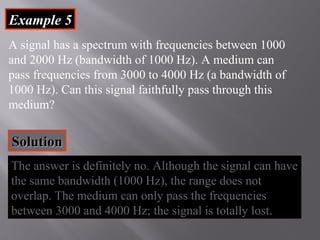 EExxaammppllee 55 
A signal has a spectrum with frequencies between 1000 
and 2000 Hz (bandwidth of 1000 Hz). A medium can 
pass frequencies from 3000 to 4000 Hz (a bandwidth of 
1000 Hz). Can this signal faithfully pass through this 
medium? 
SSoolluuttiioonn 
TThhee aannsswweerr iiss ddeeffiinniitteellyy nnoo.. AAlltthhoouugghh tthhee ssiiggnnaall ccaann hhaavvee 
tthhee ssaammee bbaannddwwiiddtthh ((11000000 HHzz)),, tthhee rraannggee ddooeess nnoott 
oovveerrllaapp.. TThhee mmeeddiiuumm ccaann oonnllyy ppaassss tthhee ffrreeqquueenncciieess 
bbeettwweeeenn 33000000 aanndd 44000000 HHzz;; tthhee ssiiggnnaall iiss ttoottaallllyy lloosstt.. 
 