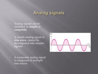  Analog signals can be 
classified as simple or 
composite. 
 A simple analog signal or 
sine wave, cannot be 
decomposed into simpler 
signals. 
 A composite analog signal 
is composed of multiple 
sine waves. 
 