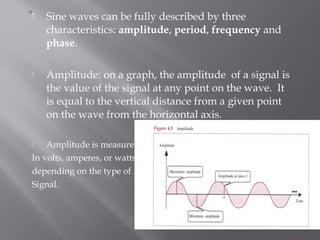  Sine waves can be fully described by three 
characteristics: amplitude, period, frequency and 
phase. 
 Amplitude: on a graph, the amplitude of a signal is 
the value of the signal at any point on the wave. It 
is equal to the vertical distance from a given point 
on the wave from the horizontal axis. 
 Amplitude is measured 
In volts, amperes, or watts, 
depending on the type of 
Signal. 
 