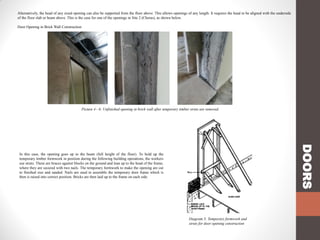 Alternatively, the head of any sized opening can also be supported from the floor above. This allows openings of any length. It requires the head to be aligned with the underside
of the floor slab or beam above. This is the case for one of the openings in Site 2 (Cheras), as shown below.

Door Opening in Brick Wall Construction

Picture 4 - 6: Unfinished opening in brick wall after temporary timber struts are removed.

DOORS

In this case, the opening goes up to the beam (full height of the floor). To hold up the
temporary timber formwork in position during the following building operations, the workers
use struts. These are braces against blocks on the ground and lean up to the head of the frame,
where they are secured with two nails. The temporary formwork to make the opening are cut
to finished size and sanded. Nails are used to assemble the temporary door frame which is
then is raised into correct position. Bricks are then laid up to the frame on each side.

Diagram 3: Temporary formwork and
struts for door opening construction

 