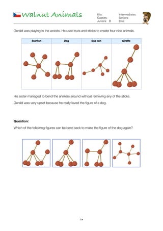 23
Walnut Animals
B
Kits:
Castors:
Juniors:
Intermediates:
Seniors:
Elite:
Gerald was playing in the woods. He used nuts and sticks to create four nice animals.
His sister managed to bend the animals around without removing any of the sticks.
Gerald was very upset because he really loved the ﬁgure of a dog.
Question:
Which of the following ﬁgures can be bent back to make the ﬁgure of the dog again?
 