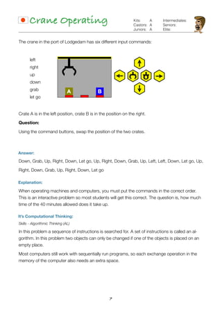 7
Crane Operating Kits:
Castors:
Juniors:
Intermediates:
Seniors:
Elite:
A
A
A
The crane in the port of Lodgedam has six different input commands:
left
right
up
down
grab
let go
Crate A is in the left position, crate B is in the position on the right.
Question:
Using the command buttons, swap the position of the two crates.
Answer:
Down, Grab, Up, Right, Down, Let go, Up, Right, Down, Grab, Up, Left, Left, Down, Let go, Up,
Right, Down, Grab, Up, Right, Down, Let go
Explanation:
When operating machines and computers, you must put the commands in the correct order.
This is an interactive problem so most students will get this correct. The question is, how much
time of the 40 minutes allowed does it take up.
It’s Computational Thinking:
Skills - Algorithmic Thinking (AL)
In this problem a sequence of instructions is searched for. A set of instructions is called an al-
gorithm. In this problem two objects can only be changed if one of the objects is placed on an
empty place.
Most computers still work with sequentially run programs, so each exchange operation in the
memory of the computer also needs an extra space.
 