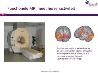 Functionele MRI meet hersenactiviteit
11




                                Steeds meer inzicht in welke delen van
                                de hersenen worden positief of negatief
                                worden gestimuleerd. Maakt dit dus
                                meetbaar waardoor het ook
                                voorspellende waarde krijgt.
 