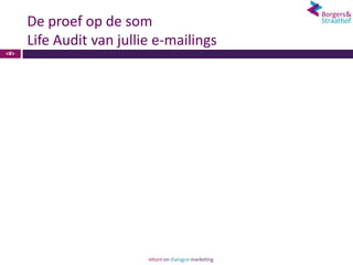 De proef op de som
      Life Audit van jullie e-mailings
<#>
 