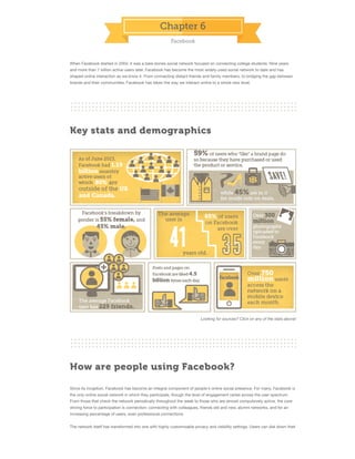 Chapter 6
Facebook

When Facebook started in 2004, it was a bare-bones social network focused on connecting college students. Nine years
and more than 1 billion active users later, Facebook has become the most widely-used social network to date and has
shaped online interaction as we know it. From connecting distant friends and family members, to bridging the gap between
brands and their communities, Facebook has taken the way we interact online to a whole new level.

Key stats and demographics

Looking for sources? Click on any of the stats above!

How are people using Facebook?
Since its inception, Facebook has become an integral component of people's online social presence. For many, Facebook is
the only online social network in which they participate, though the level of engagement varies across the user spectrum.
From those that check the network periodically throughout the week to those who are almost compulsively active, the core
driving force to participation is connection: connecting with colleagues, friends old and new, alumni networks, and for an
increasing percentage of users, even professional connections.
The network itself has transformed into one with highly customizable privacy and visibility settings. Users can dial down their

 