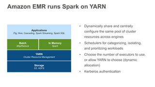 Amazon EMR runs Spark on YARN
• Dynamically share and centrally
configure the same pool of cluster
resources across engines
• Schedulers for categorizing, isolating,
and prioritizing workloads
• Choose the number of executors to use,
or allow YARN to choose (dynamic
allocation)
• Kerberos authentication
Storage
S3, HDFS
YARN
Cluster Resource Management
Batch
MapReduce
In Memory
Spark
Applications
Pig, Hive, Cascading, Spark Streaming, Spark SQL
 