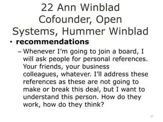 22 Ann Winblad
     Cofounder, Open
Systems, Hummer Winblad
• recommendations
 – Whenever I‟m going to join a board, I
   will ask people for personal references.
   Your friends, your business
   colleagues, whatever. I‟ll address these
   references as these are not going to
   make or break this deal, but I want to
   understand this person. How do they
   work, how do they think?
                                              37
 