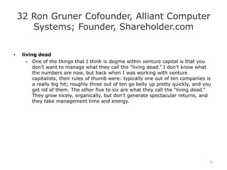 32 Ron Gruner Cofounder, Alliant Computer
       Systems; Founder, Shareholder.com


•    living dead
       – One of the things that I think is dogma within venture capital is that you
          don‟t want to manage what they call the “living dead.” I don‟t know what
          the numbers are now, but back when I was working with venture
          capitalists, their rules of thumb were: typically one out of ten companies is
          a really big hit; roughly three out of ten go belly up pretty quickly, and you
          get rid of them. The other five to six are what they call the “living dead.”
          They grow nicely, organically, but don‟t generate spectacular returns, and
          they take management time and energy.




                                                                                       55
 