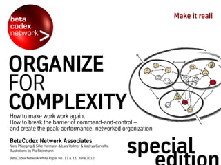 How to make work work again.
How to break the barrier of command-and-control –
and create the peak-performance, networked organization
BetaCodex Network Associates
Niels Pflaeging & Silke Hermann & Lars Vollmer & Valérya Carvalho
Illustrations by Pia Steinmann
BetaCodex Network White Paper No. 12 & 13, June 2012
Make it real!
ORGANIZE
FOR
COMPLEXITY
special
 