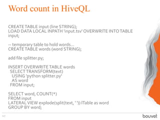 Word count in HiveQL
CREATETABLE input (line STRING);
LOAD DATA LOCAL INPATH 'input.tsv' OVERWRITE INTOTABLE
input;
-- temporary table to hold words...
CREATETABLE words (word STRING);
add file splitter.py;
INSERT OVERWRITETABLE words
SELECTTRANSFORM(text)
USING 'python splitter.py'
AS word
FROM input;
SELECT word, COUNT(*)
FROM input
LATERALVIEW explode(split(text, ' ')) lTable as word
GROUP BY word;
127
 