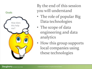 Confidential and Proprietary to Daugherty Business Solutions
Goals
By the end of this session
you will understand
• The role of popular Big
Data technologies
• The scope of data
engineering and data
analytics
• How this group supports
local companies using
these technologies
How does
this help
me?
 