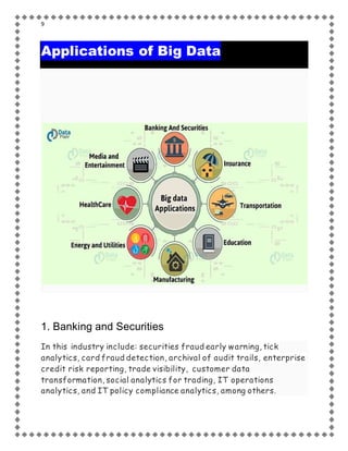 9
Applications of Big Data
1. Banking and Securities
In this industry include: securities fraud early warning, tick
analytics, card fraud detection, archival of audit trails, enterprise
credit risk reporting, trade visibility, customer data
transformation, social analytics for trading, IT operations
analytics, and IT policy compliance analytics, among others.
 