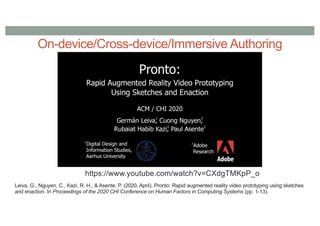 On-device/Cross-device/Immersive Authoring
https://www.youtube.com/watch?v=CXdgTMKpP_o
Leiva, G., Nguyen, C., Kazi, R. H., & Asente, P. (2020, April). Pronto: Rapid augmented reality video prototyping using sketches
and enaction. In Proceedings of the 2020 CHI Conference on Human Factors in Computing Systems (pp. 1-13).
 