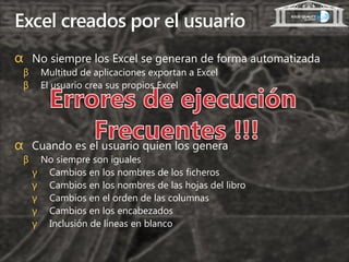 Excel creados por el usuario
α No siempre los Excel se generan de forma automatizada
 β       Multitud de aplicaciones exportan a Excel
 β       El usuario crea sus propios Excel




α Cuando es el usuario quien los genera
 β       No siempre son iguales
     γ    Cambios en los nombres de los ficheros
     γ    Cambios en los nombres de las hojas del libro
     γ    Cambios en el orden de las columnas
     γ    Cambios en los encabezados
     γ    Inclusión de líneas en blanco
 