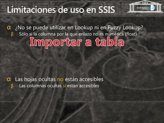 Limitaciones de uso en SSIS
α ¿No se puede utilizar en Lookup ni en Fuzzy Lookup?
 β   Sólo si la columna por la que enlazo no es numérica (float)




α Las hojas ocultas no están accesibles
 β   Las columnas ocultas sí están accesibles
 