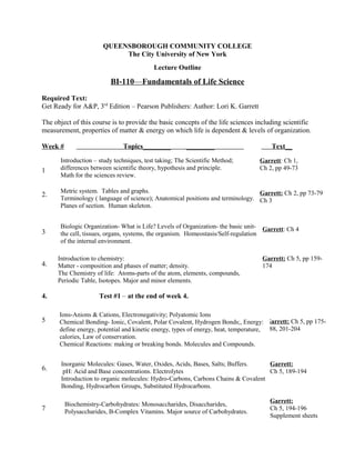 QUEENSBOROUGH COMMUNITY COLLEGE
The City University of New York
Lecture Outline
BI-110—Fundamentals of Life Science
Required Text:
Get Ready for A&P, 3rd
Edition – Pearson Publishers: Author: Lori K. Garrett
The object of this course is to provide the basic concepts of the life sciences including scientific
measurement, properties of matter & energy on which life is dependent & levels of organization.
Week # Topics________ ________ Text__
1
2.
3
4.
4. Test #1 – at the end of week 4.
5
6.
7
Introduction – study techniques, test taking; The Scientific Method;
differences between scientific theory, hypothesis and principle.
Math for the sciences review.
Garrett: Ch 1,
Ch 2, pp 49-73
Metric system. Tables and graphs.
Terminology ( language of science); Anatomical positions and terminology.
Planes of section. Human skeleton.
Garrett: Ch 2, pp 73-79
Ch 3
Garrett: Ch 5, pp 159-
174
Garrett: Ch 4
Garrett:
Ch 5, 189-194
Garrett: Ch 5, pp 175-
188, 201-204
Introduction to chemistry:
Matter - composition and phases of matter; density.
The Chemistry of life: Atoms-parts of the atom, elements, compounds,
Periodic Table, Isotopes. Major and minor elements.
Biologic Organization- What is Life? Levels of Organization- the basic unit-
the cell, tissues, organs, systems, the organism. Homeostasis/Self-regulation
of the internal environment.
Ions-Anions & Cations, Electronegativity; Polyatomic Ions
Chemical Bonding- Ionic, Covalent, Polar Covalent, Hydrogen Bonds;, Energy:
define energy, potential and kinetic energy, types of energy, heat, temperature,
calories, Law of conservation.
Chemical Reactions: making or breaking bonds. Molecules and Compounds.
Inorganic Molecules: Gases, Water, Oxides, Acids, Bases, Salts; Buffers.
pH: Acid and Base concentrations. Electrolytes
Introduction to organic molecules: Hydro-Carbons, Carbons Chains & Covalent
Bonding, Hydrocarbon Groups, Substituted Hydrocarbons.
Biochemistry-Carbohydrates: Monosaccharides, Disaccharides,
Polysaccharides, B-Complex Vitamins. Major source of Carbohydrates.
Garrett:
Ch 5, 194-196
Supplement sheets
 