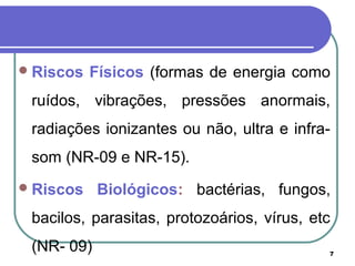 7
Riscos Físicos (formas de energia como
ruídos, vibrações, pressões anormais,
radiações ionizantes ou não, ultra e infra-
som (NR-09 e NR-15).
Riscos Biológicos: bactérias, fungos,
bacilos, parasitas, protozoários, vírus, etc
(NR- 09)
 