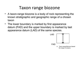 Taxon range biozone
• A taxon-range biozone is a body of rock representing the 
  known stratigraphic and geographic range of a chosen 
  taxon
• The lower boundary is marked by first appearance 
  datum (FAD) and the upper boundary is marked by last 
  appearance datum (LAD) of the same species.
                                      LAD




                                       FAD
 