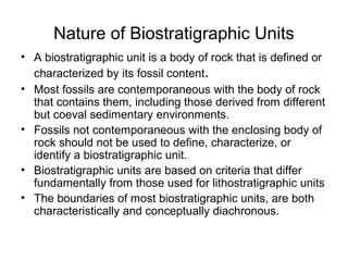 Nature of Biostratigraphic Units
• A biostratigraphic unit is a body of rock that is defined or 
  characterized by its fossil content.
• Most fossils are contemporaneous with the body of rock 
  that contains them, including those derived from different 
  but coeval sedimentary environments.
• Fossils not contemporaneous with the enclosing body of 
  rock should not be used to define, characterize, or 
  identify a biostratigraphic unit.
• Biostratigraphic units are based on criteria that differ 
  fundamentally from those used for lithostratigraphic units
• The boundaries of most biostratigraphic units, are both 
  characteristically and conceptually diachronous.
 