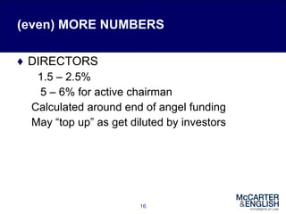 (even) MORE NUMBERS DIRECTORS 1.5 – 2.5% 5 – 6% for active chairman Calculated around end of angel funding May “top up” as get diluted by investors 