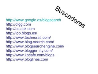 http :// www.google.es / blogsearch http://digg.com http://es.ask.com http://top.blogs.es/ http://www.technorati.com/ http://www.blog-search.com/ http://www.blogsearchengine.com/ http://www.bloggernity.com/ http://www.kbcafe.com/blogs http://www.bloglines.com Buscadores 