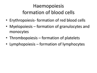 Haemopoiesis
formation of blood cells
• Erythropoiesis- formation of red blood cells
• Myelopoiesis – formation of granulocytes and
monocytes
• Thrombopoiesis – formation of platelets
• Lymphopoiesis – formation of lymphocytes
 