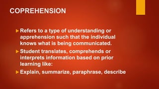 COPREHENSION
 Refers to a type of understanding or
apprehension such that the individual
knows what is being communicated.
 Student translates, comprehends or
interprets information based on prior
learning like:
 Explain, summarize, paraphrase, describe
 