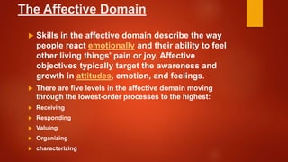 The Affective Domain
 Skills in the affective domain describe the way
people react emotionally and their ability to feel
other living things' pain or joy. Affective
objectives typically target the awareness and
growth in attitudes, emotion, and feelings.
 There are five levels in the affective domain moving
through the lowest-order processes to the highest:
 Receiving
 Responding
 Valuing
 Organizing
 characterizing
 