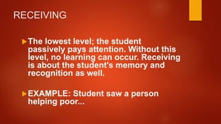 RECEIVING
The lowest level; the student
passively pays attention. Without this
level, no learning can occur. Receiving
is about the student's memory and
recognition as well.
EXAMPLE: Student saw a person
helping poor...
 