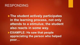 RESPONDING
The student actively participates
in the learning process, not only
attends to a stimulus; the student
also reacts in some way.
EXAMPLE: He saw that people
appreciating the person who helped
poor…
 